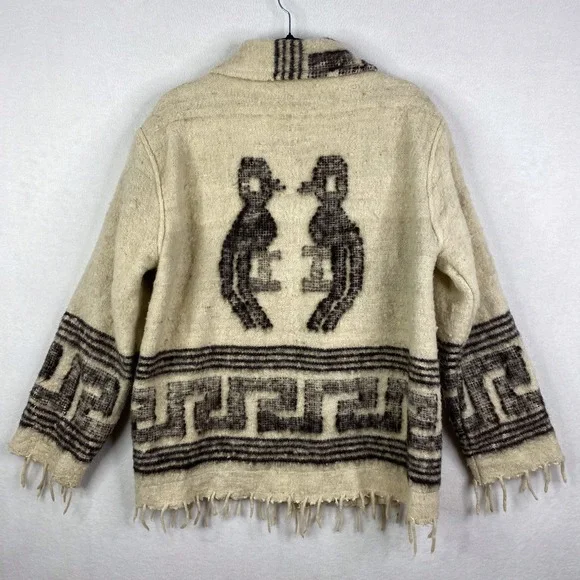 Vintage Cream Wool Knit Fringed Southwestern Birds Full Zip Jacket Coat - Picture 7 of 15